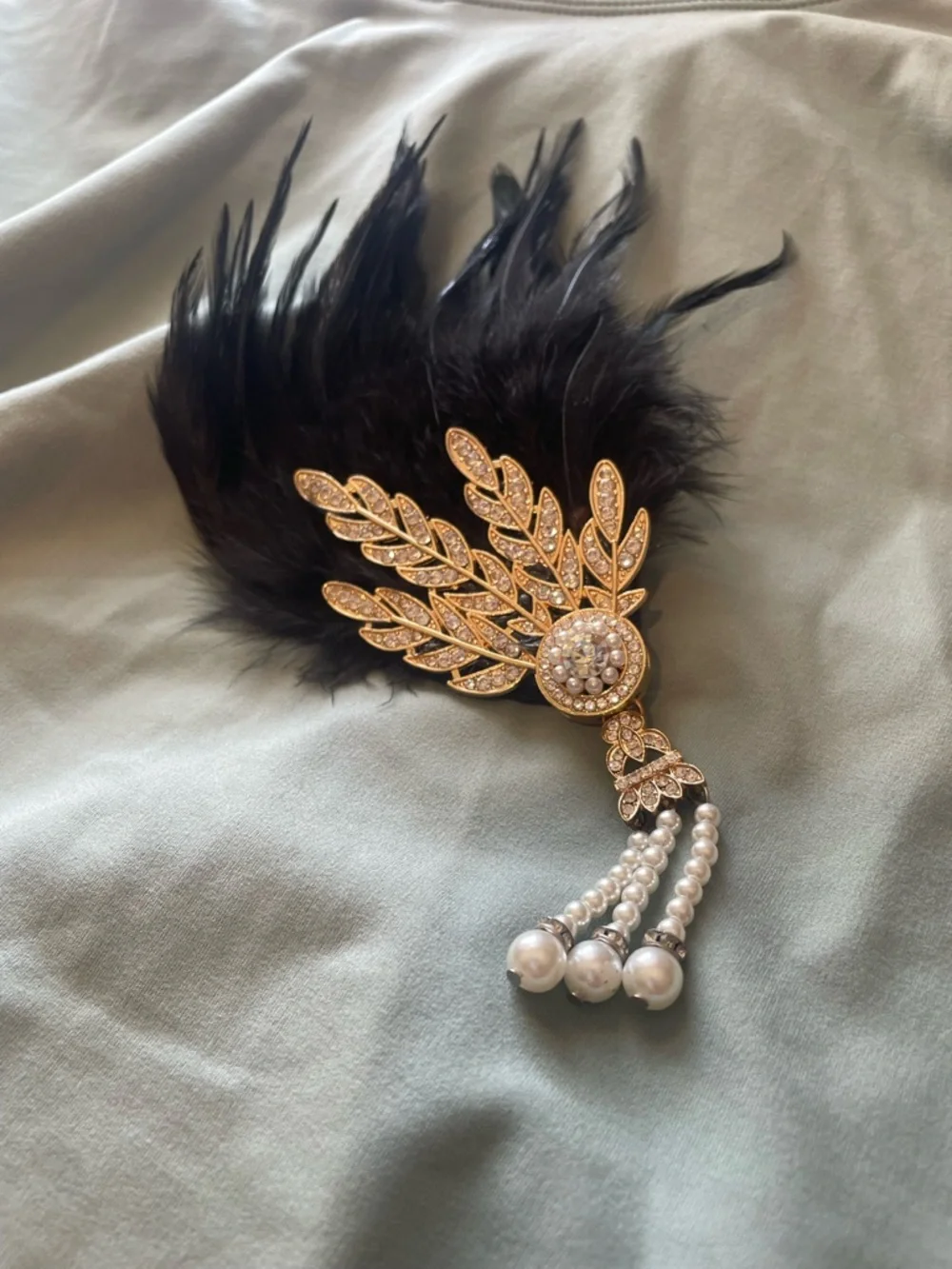 Gold-Tone Crystal & Pearl Feather Brooch with Black Feathers